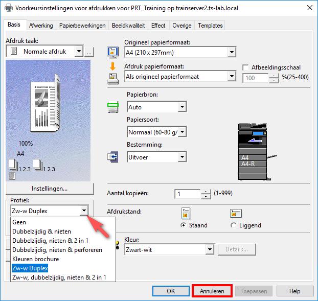 Druk nu op Annuleren (anders worden de gemaakte profielinstelling de standaardinstellingen voor de betreffende printer.