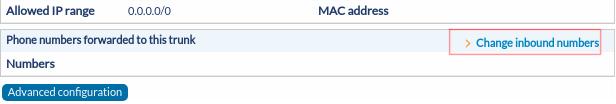 3.2 Nummer(s) koppelen aan trunk Terug bij het trunk account details tabblad kan er ook op de knop "Change inbound numbers" worden gedrukt.