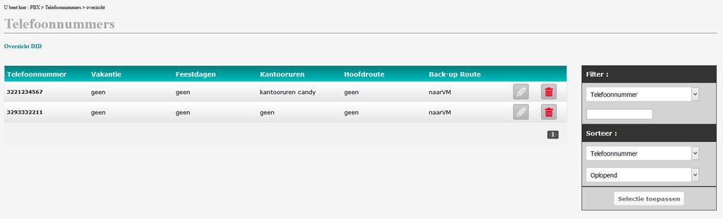 Telefoonnummers Overzicht: U ziet het aantal telefoonnummers dat met uw telefooncentrale verbonden is. U kunt een telefoonnummer toevoegen aan uw telefooncentrale.