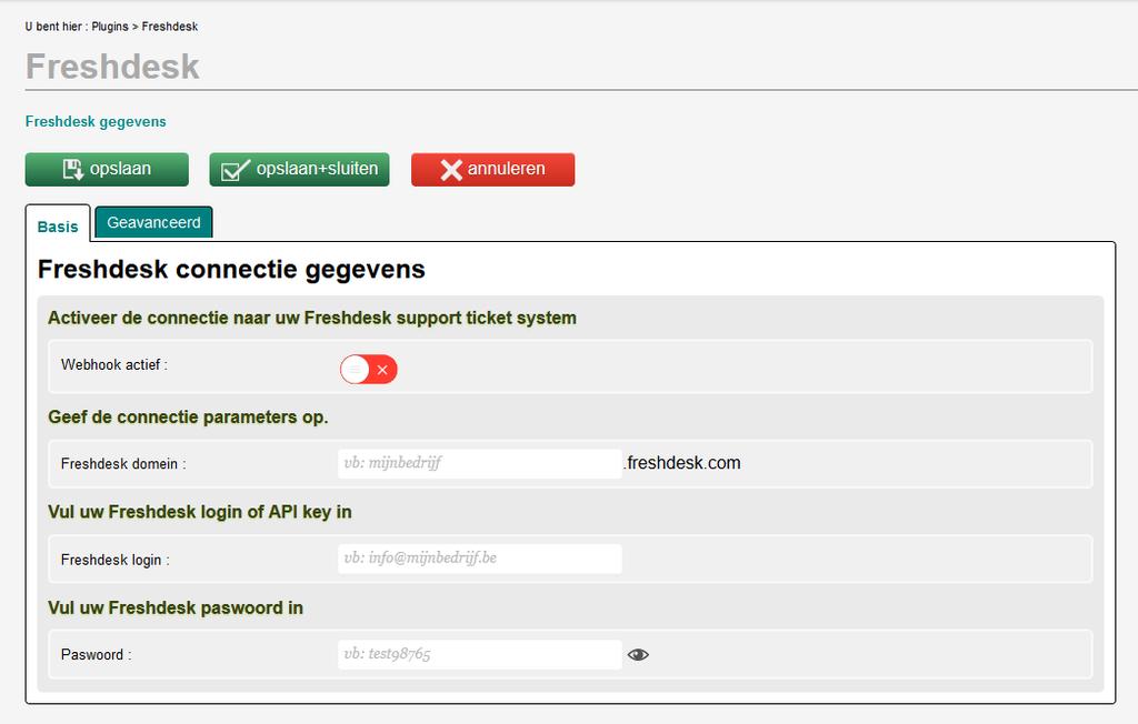 Geef de connectie paramters / Login / paswoord op