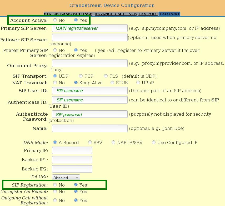 Volgende extra configuratie parameters zijn noodzakelijk voor een goede werking :