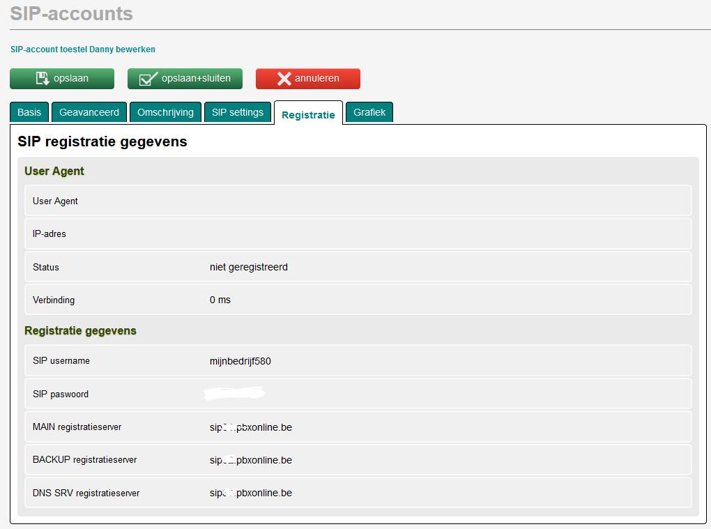 Registratie gegevens Eens een SIP-account aangemaakt, kunt u via de knop bewerken de registratiegegevens bekijken. Deze zijn van belang voor het instellen van uw telefoontoestel.