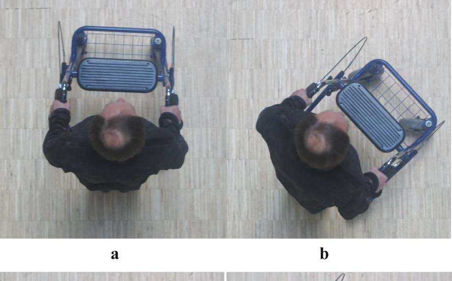 Figuur 17a t/m d. a en b: Rotatie van de rollator om een as midden tussen de achterwielen. c en d: Rotatie van de rollator om een as rechts van het rechter achterwiel.