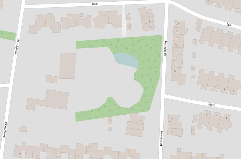 Afbeelding 13. De drie deelgebieden binnen het plangebied (noord-georiënteerd) (groen = bos, blauw = voormalige vijver, grijs = gazon) (bron: Turfdatabank).