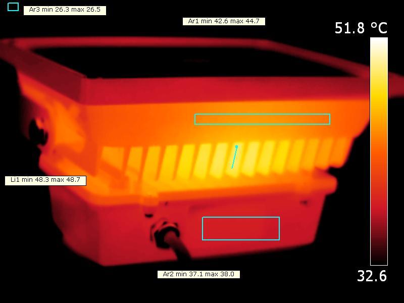 Temperatuurmetingen lamp Temperatuurmeting zijkant en onderkant, emissiviteitswaarde op 0.95. De behuizing heeft een hoge emissiviteit, dichtbij de emissiviteit van het gebruikte tape.