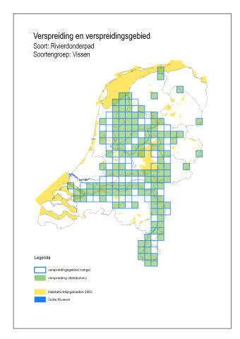 Verspreidingskaart Rivierdonderpad 5. Beoordeling landelijke staat van instandhouding Trends in Nederland: De Rivierdonderpad in ons land is in het geheel genomen niet bedreigd is, behalve in beken.