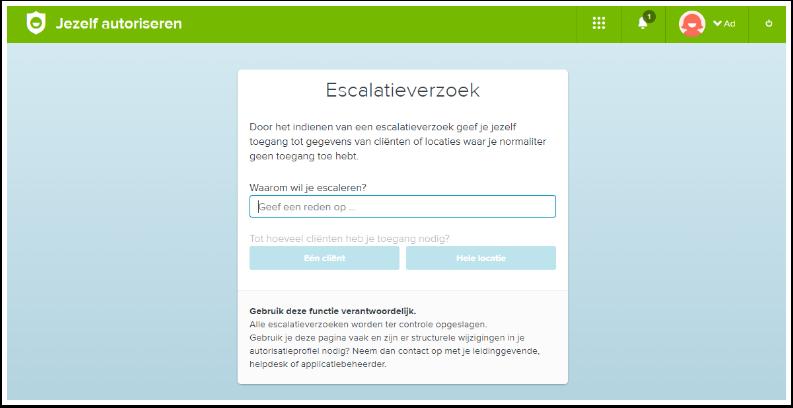 Escalatie opstarten Stap 1: geef de reden in De knop opent een pop-up scherm binnen de interface van Ons Autorisatie. Een verplicht veld is het ingeven van de reden van escalatie.