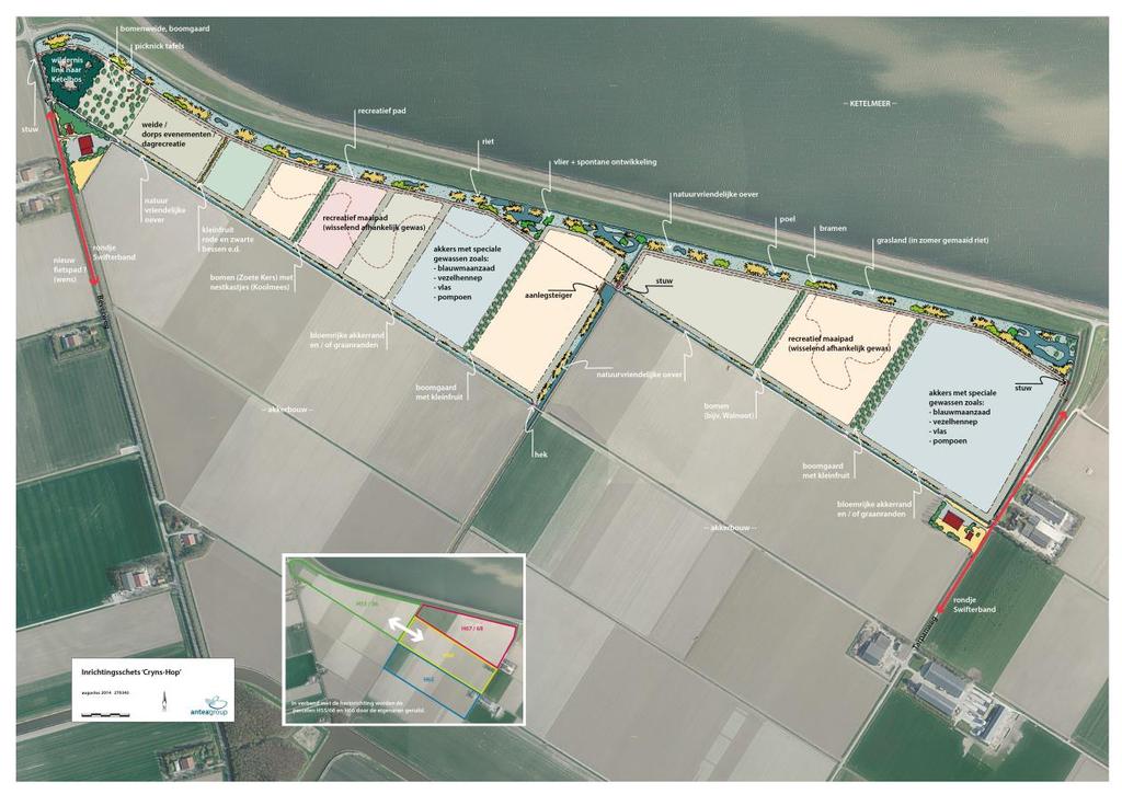 3.3 Concept inrichtingsplan Onderstaand figuur geeft een beeld over de inrichting van de kavels. De twee kavels liggend langs het Ketelmeer worden natuur en landbouw.