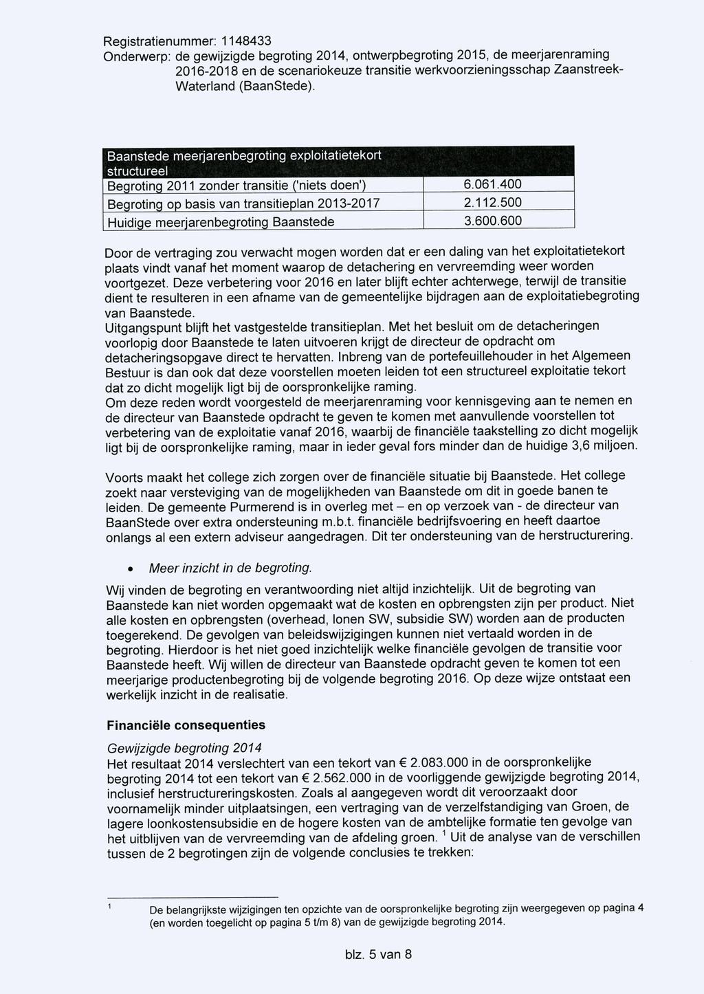 Baanstede meerjarenbegroting exploitatietekort structureel Begroting 2011 zonder transitie ('niets doen') 6.061.400 Begroting op basis van transitieplan 2013-2017 2.112.