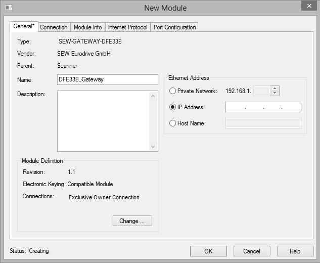 Configuratie en inbedrijfstelling EtherNet/IP Configuratie van de EtherNet/IP -master 3 6. Klik op de knop [Create] [3]. ð Het onderstaande venster verschijnt. [1] [2] [3] [4] 24878222731 7.