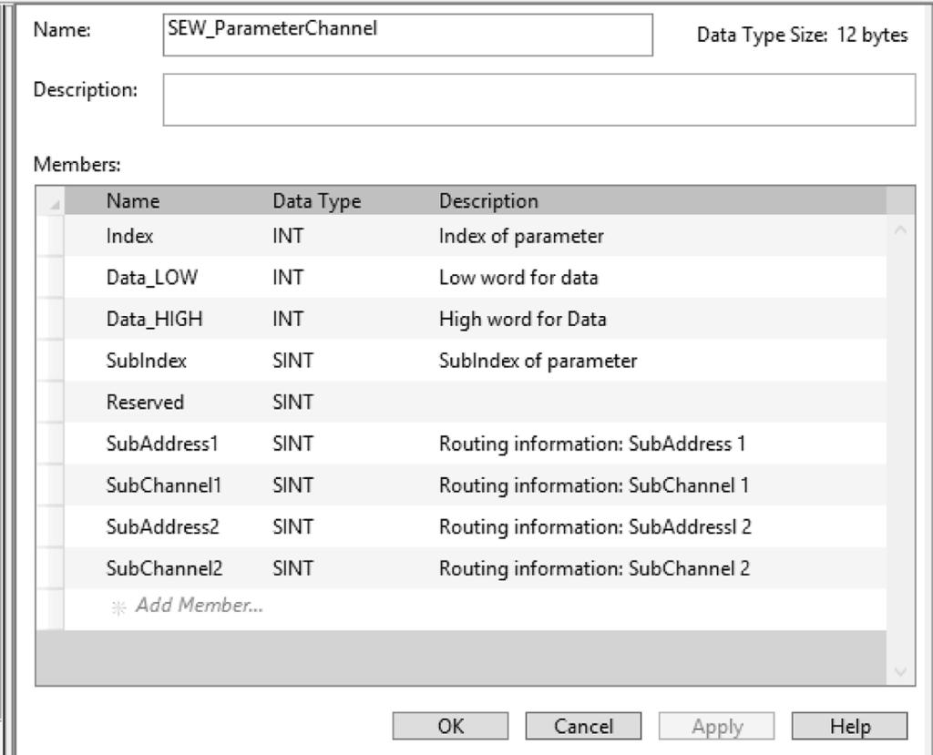 van de parameter zien. 24974155915 Parameters schrijven Ga als volgt te werk: 1. Een door de gebruiker gedefinieerd datatype aanmaken. SEW_ParameterChannel.