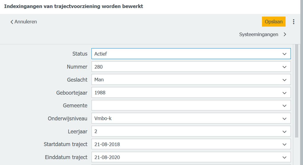 Pas het gewenste indexveld aan en kies opslaan.