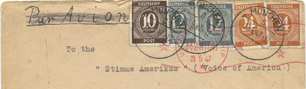 De brief is geadresseerd van München naar New York Postale berichten zijn interne berichten voor medewerkers van postbedrijven. De scheidslijn tussen postale berichten en verzendadviezen is dun.