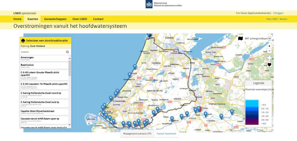 2 Afbeelding 2 Kaart Overstromingen vanuit het hoofdwatersysteem. Het selecteren van een doorbraaklocatie. 2. De geselecteerde dijkring wordt nu getoond met de mogelijke doorbraaklocaties (Afbeelding 2).