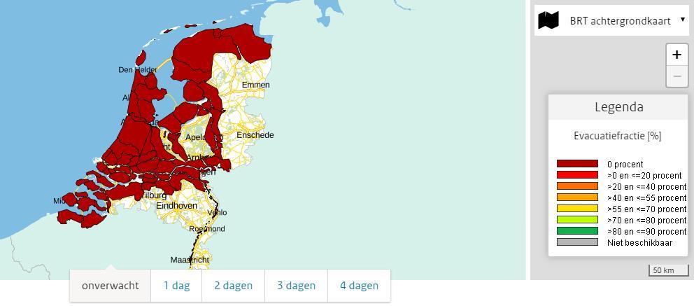 2 3 7 Afbeelding 30 Kaart Evacuatiepercentage bij beschikbare tijd 0 tot dagen, variant onverwacht. Naam van de kaartlaag. Door op het oog te klikken is de kaartlaag uit en aan te schakelen.