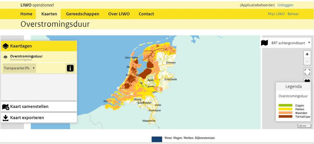 Afbeelding 2 3 Afbeelding 33 Kaart Aankomsttijd van het water na een doorbraak. Naam van de kaartlaag. Door op het oog te klikken is de kaartlaag uit en aan te schakelen. geselecteerde kaartlaag.