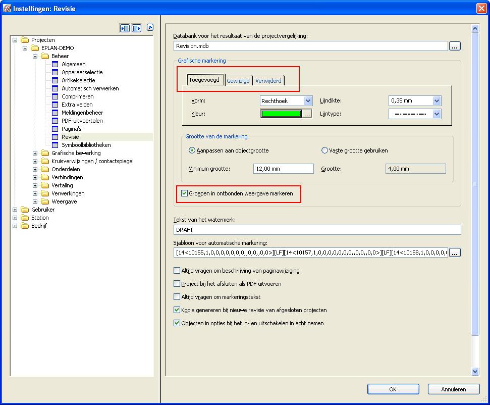 Uitgebreide projectvergelijking in de aanvullende module "Revision Management" Nieuw in het groepsveld Grafische markering zijn de tabbladen Toegevoegd, Gewijzigd en Verwijderd.