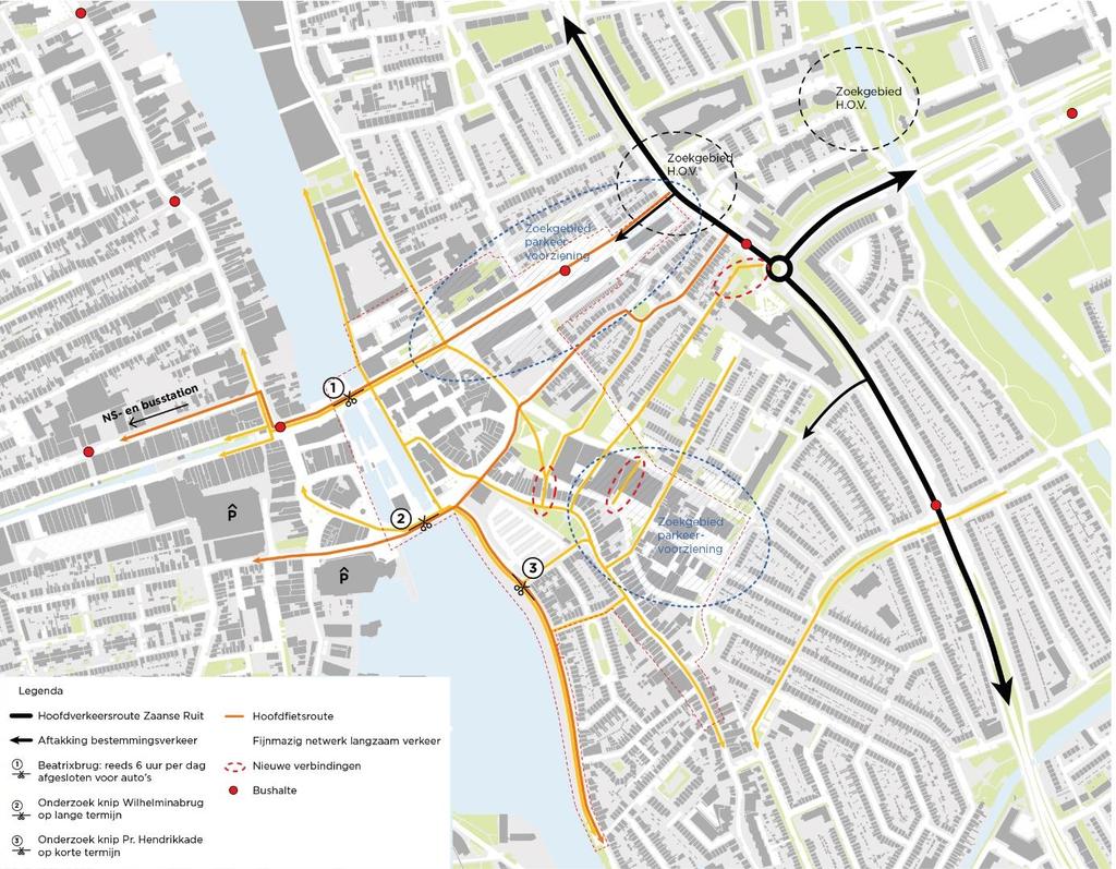 Kaart voor verkeer en parkeren: voorstellen om geparkeerde auto s zoveel mogelijk uit de openbare ruimte te krijgen en om het fietsen en lopen aantrekkelijker te maken Om er voor te zorgen dat de