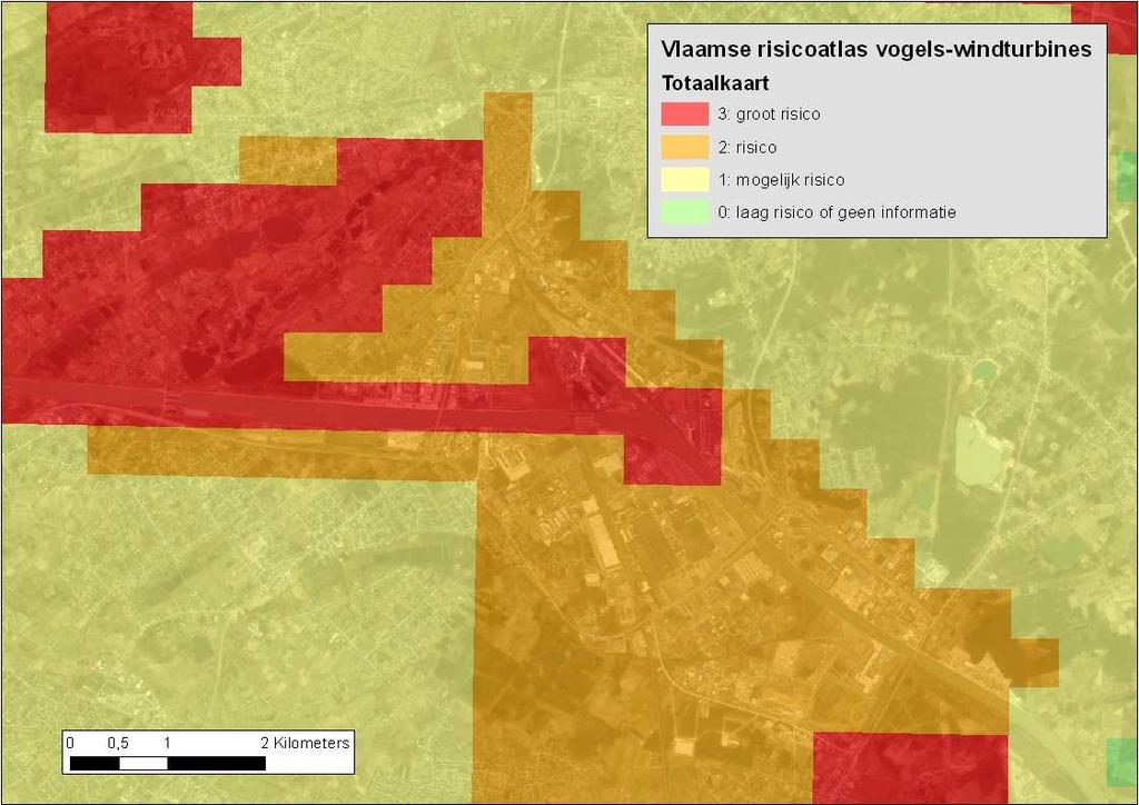 1.1 Vlaamse Risicoatlas Vogels-Windturbines Voor het industriegebied Genk Zuid wordt in de Vlaamse Risicoatlas Vogels-Windturbines van het INBO (Everaert et al.