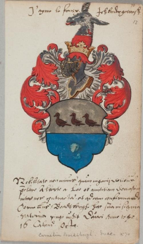 in zilver drie zwarte pootloze vogels, B. effen blauw.