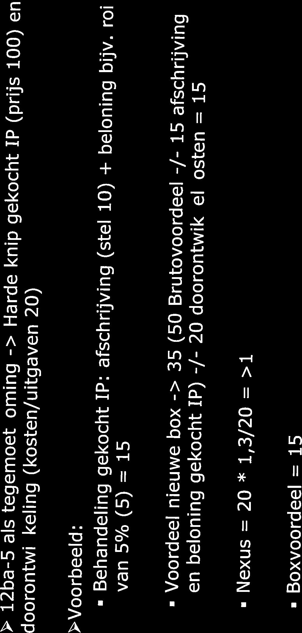 Themadag innovatiebox 21 april 2017 DoorontwkkeIen aangekocht IP (met l2ba-5) l2ba-5 als tegemoetkoming -> Harde knip gekocht IP (prijs 100) en doorontwikkeling (kosten/uitgaven 20) Voorbeeld:
