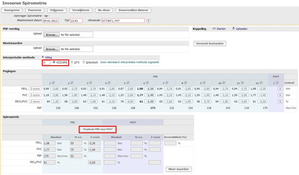 COPD: verplaatsen van pretest spirometrie waarde naar posttest Omdat sommige spirometers alleen pretest sturen, ook als het om een posttest ging, kon deze niet als posttest data opgeslagen worden.