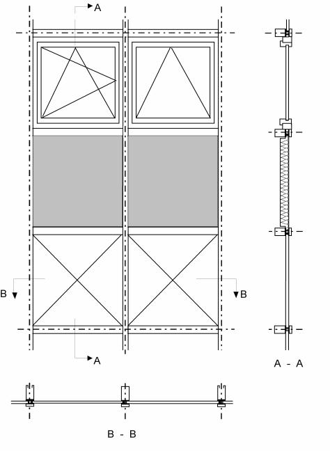 4 1: verticale raamstijl 2: horizontale raamstijl 3: vast kader en opengaande vleugel 4: beglazing 5: isolerend ondoorschijnend vulpaneel 5 o o Doorsnede A A t (m²): geprojecteerde oppervlakte van de