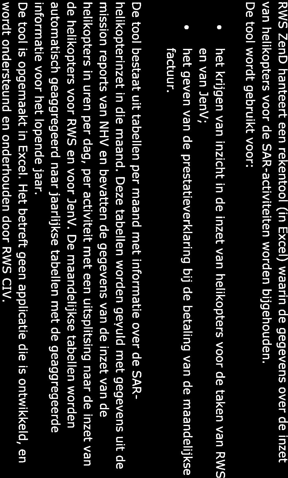 De tool wordt gebruikt voor: het krijgen van inzicht in de inzet van helikopters voor de taken van RWS en van JenV; het geven van de prestatieverklaring bij de betaling van de maandelijkse fa ctu u r.