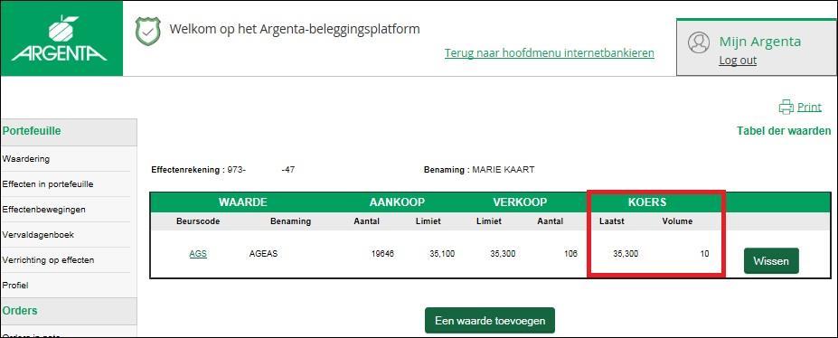 DIRECTIE DIGITALE BANK 03-04-2018-35/40 3.4 Tabel der waarden Klik in het menu Markten op Tabel der waarden als u bepaalde effecten wilt opvolgen in een virtuele portefeuille.