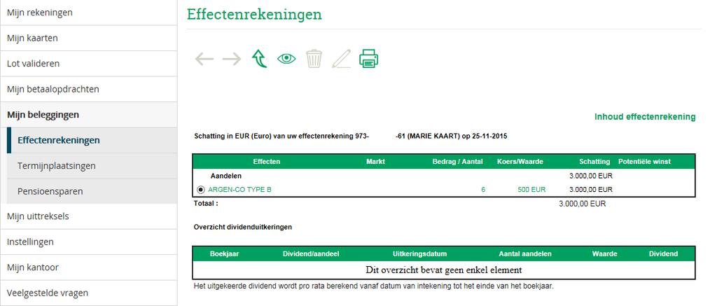 6/40 - DIRECTIE DIGITALE BANK 03-04-2018 En dit als u op uw vennotenrekening klikt: Klikt u op het nummer van uw effectenrekening, dan komt u op het Argenta-beleggingsplatform.