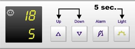 Door op de Up/Down-toets te drukken, de gewenste functie kiezen: c = kinderbeveiliging, h = lichtintensiteit Nu door kort op de Light-toets te drukken, de functie selecteren/bevestigen: > Bij c =