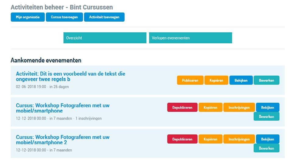 3. Overzicht buttons Als u op activiteiten beheer drukt krijgt u het overzicht van al uw aangebrachte cursussen en/of activiteiten.