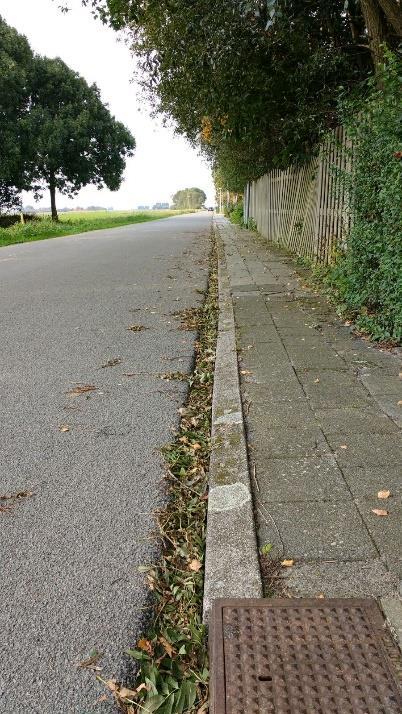 rechts: Smal trottoir, hobbelig straatwerk, volle goten