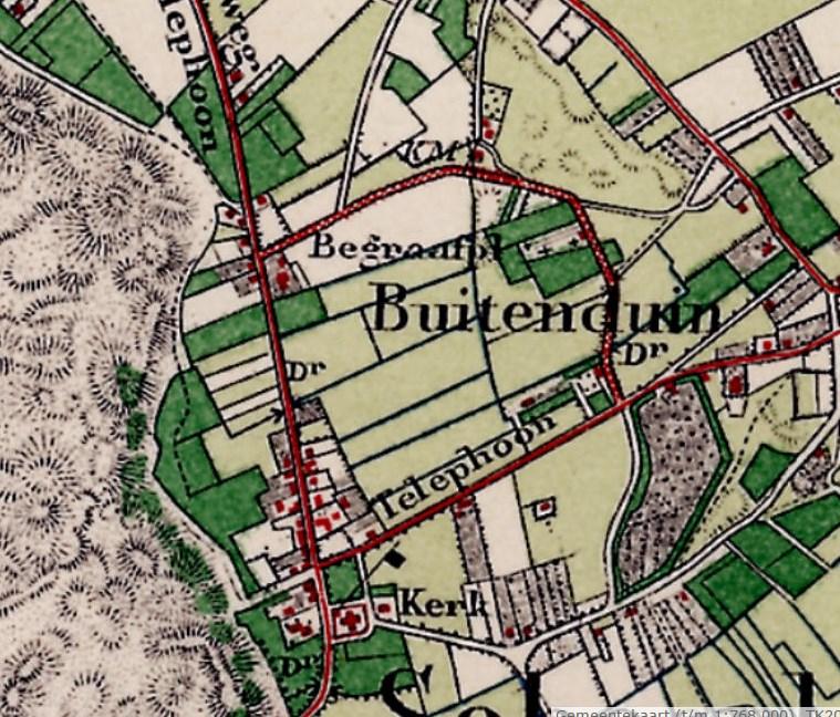 De kaarten laten zien dat de omgeving van de molen vroeger Buiterduin en later Buitenduin werd genoemd. Een kleine woonkern met dezelfde status als andere kleine kernen in de binnenduinrand.