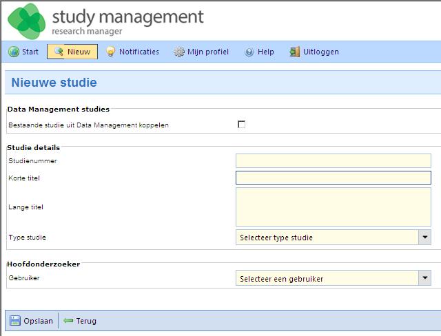 4. Invoer benodigde gegevens voor indiening nieuwe studie Iedere onderzoeker met een account kan een nieuwe studie aanmaken en de benodigde gegevens invoeren.