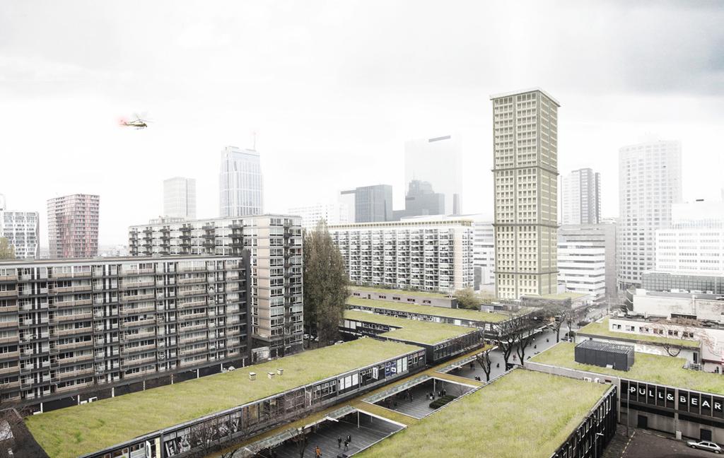 Bovenop de plint staat één van de drie Lijnbaanflats, ontwerp Maaskant en Van Tijen en sinds 2010 rijksmonument, als onderdeel van het monumentale Lijnbaanensemble.