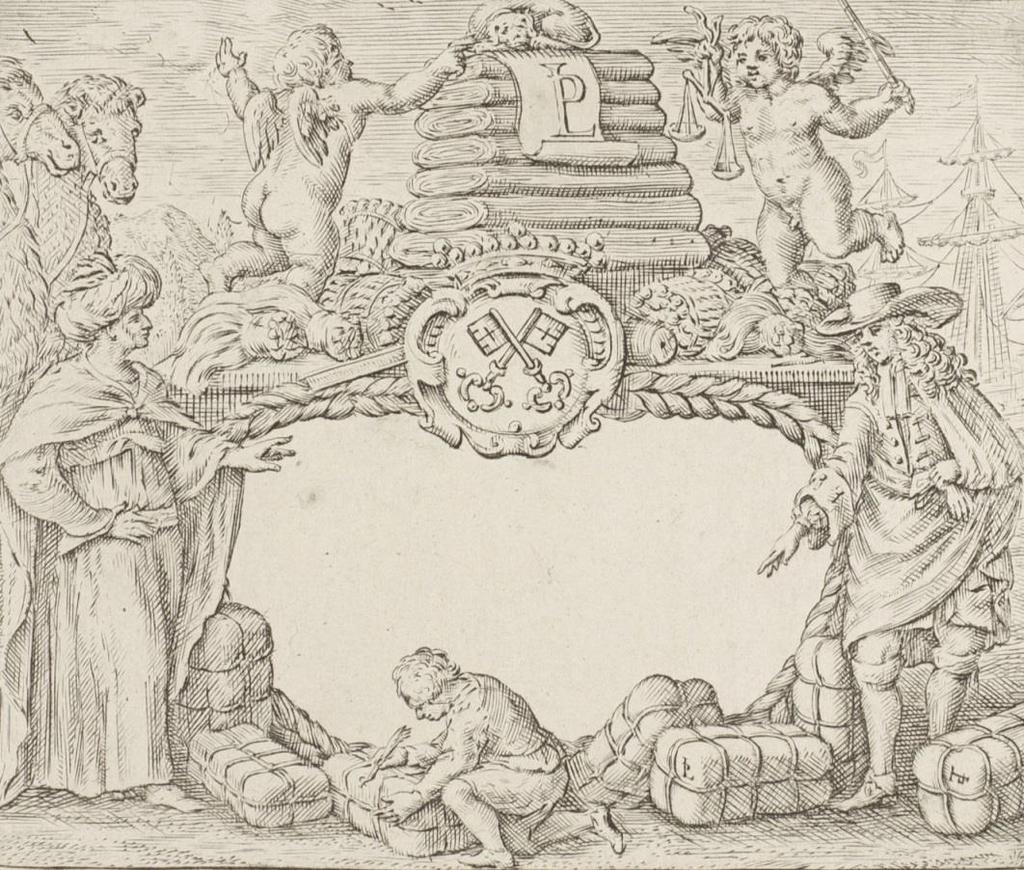 Fabrieksmerk van Jacob en Abraham Le Poole [Bundels sajet en pakken grein, waar bovenop een hond ligt, tussen twee engeltjes met het label Le Poole (LP) en het wapen van Leiden; links een oosterse