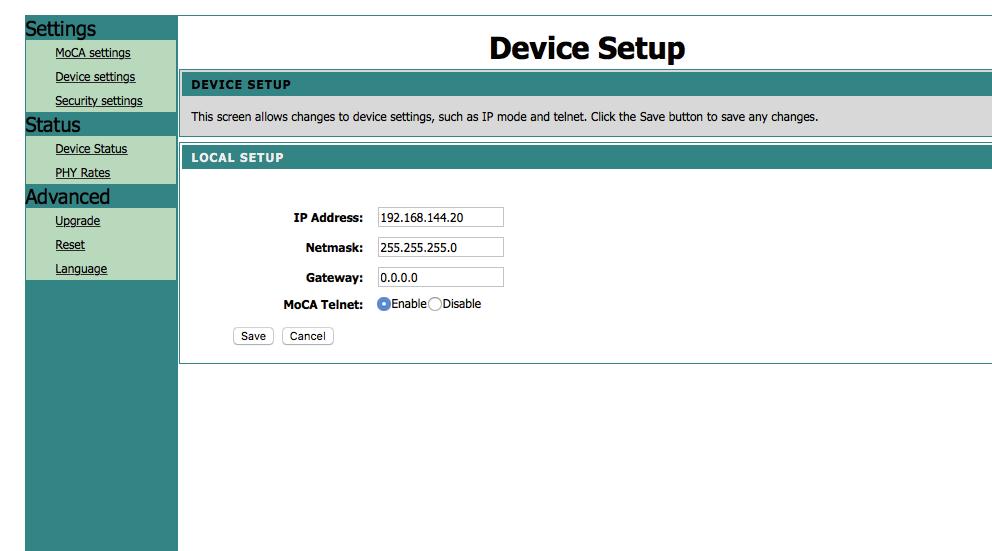 Instellen van de MoCA adapter Device Setup U kunt hier het volgende instellen: 1. IP Address, Netmask, Gateway. Default is het IP adres 192.168.144.20.