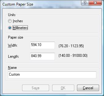2. Kies uit de beschibkare papiersoorten. Als u het gewenste papierformaat neit vindt, druk dan op de knop Custom (Aangepast).