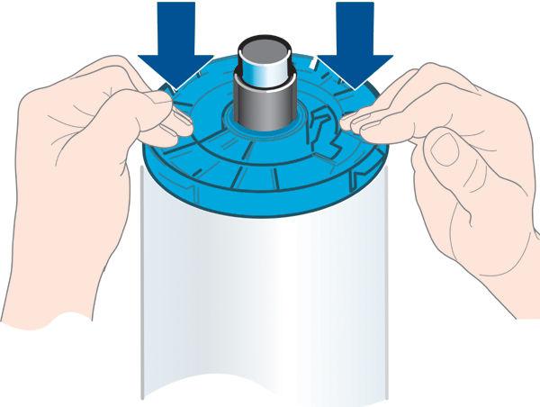 OPMERKING: Vanaf de achterzijde van de printer wordt de blauwe stopper in de houder aan de rechterzijde geplaatst.