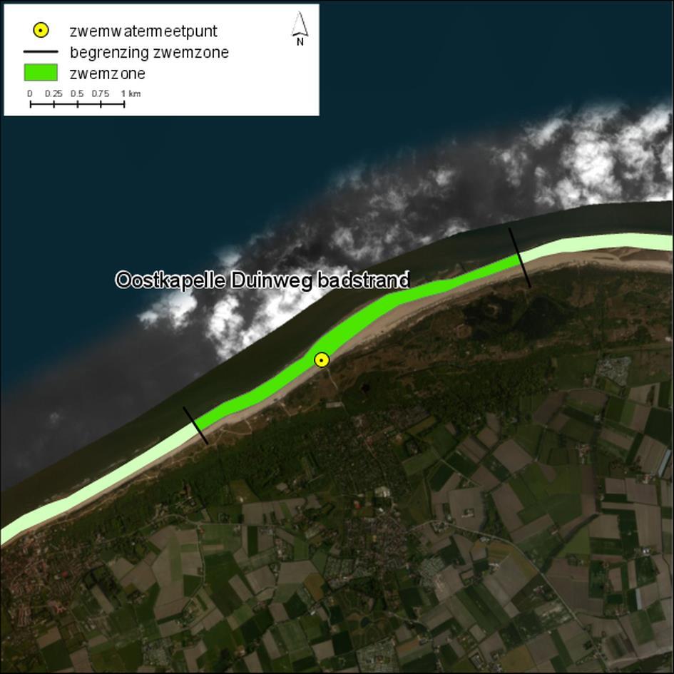 Figuur 2.2. Zwemzone en ligging meetpunt 2.3 Beheer Oostkapelle Duinweg Badstrand behoort tot de gemeente Veere en bevindt zich in de provincie Zeeland.