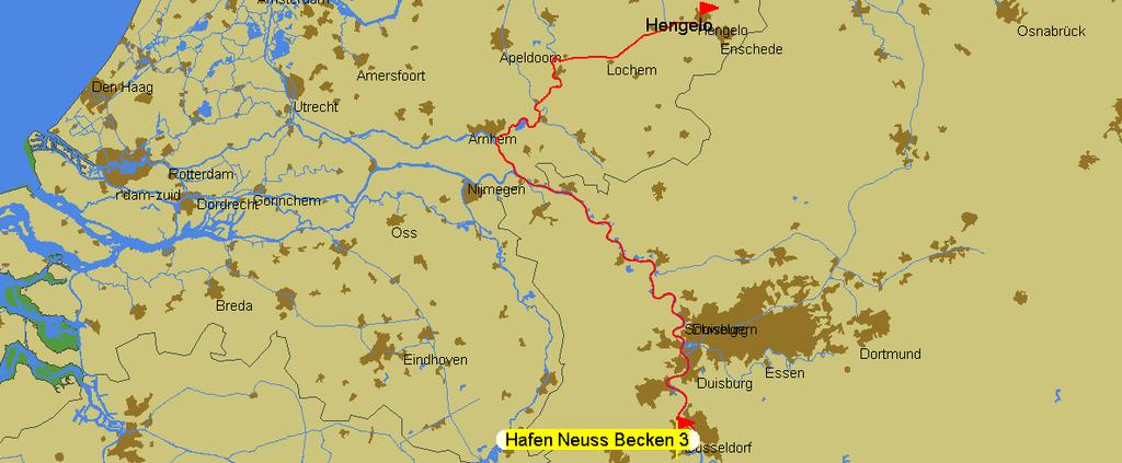 Alternatieve route per binnenvaart De route met de binnenvaart van Neuss naar Hengelo voert over de Rijn, het Pannerdensch kanaal, de Geldersche IJssel en het Twentekanaal.