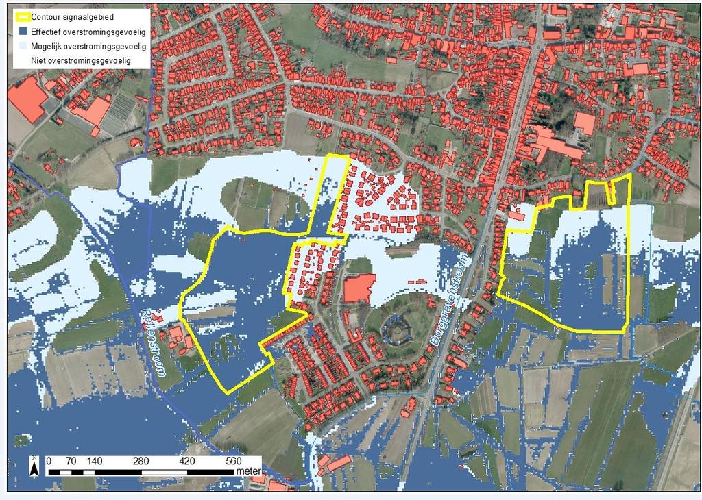 Bommels Figuur 7: Watertoetskaart van het signaalgebied op recente orthofoto (medio 2015) met aanduiding van de overstromingsgevoelige gebieden (lichtblauw = mogelijk overstromingsgevoelig;