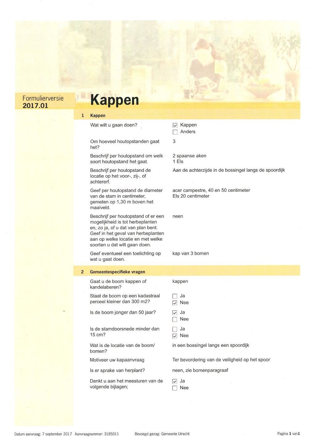 Formulierversie 2017.01 Kappen 1 Kappen Wat wilt u gaan doen? Om hoeveel houtopstanden gaat het? Beschrijf per houtopstand om welk soort houtopstand het gaat.