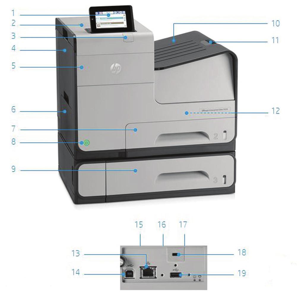 Productrondleiding HP Officejet Enterprise Color X555 serie afgebeeld: 1. Kantelbaar 10,9-cm touchscreen bedieningspaneel is beter afleesbaar 2.