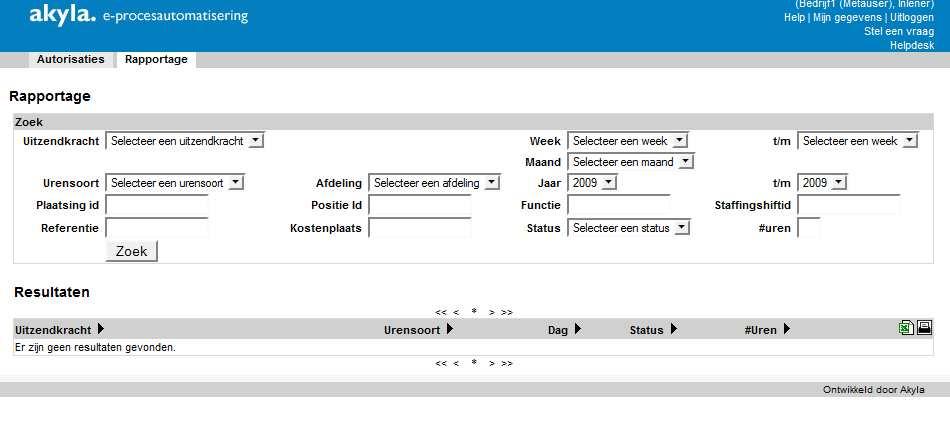 Rapportage (optioneel) Op deze pagina kunt u naar urenbriefjes zoeken in het systeem. Zo kunt u b.v. urenbriefjes van een bepaalde uitzendkracht over een bepaalde periode zoeken.