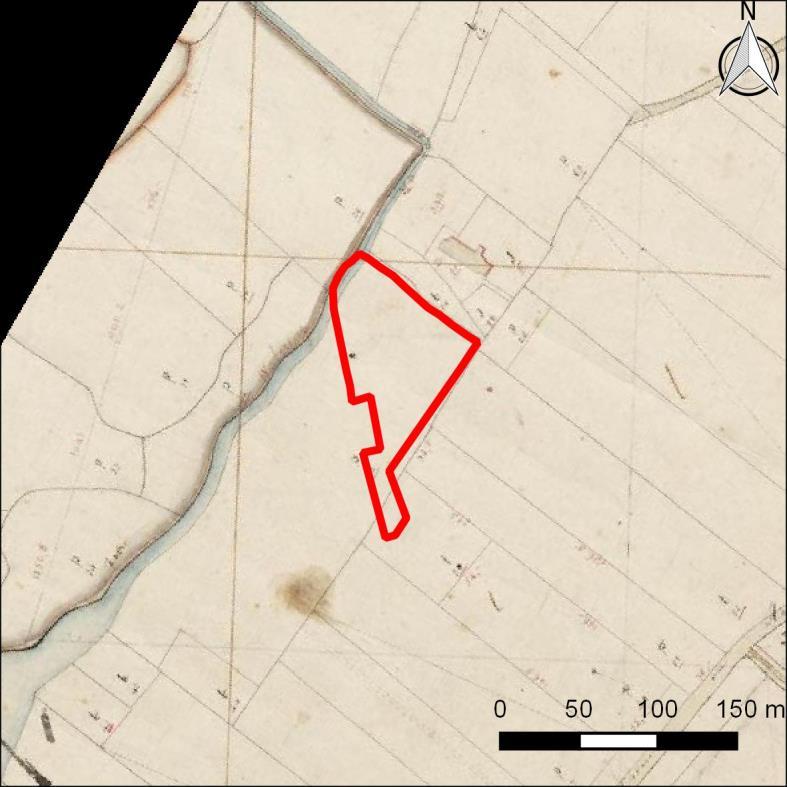 Figuur 6: Minuutplan uit het begin van de 19 e eeuw met daarop, rood omlijnd, het plangebied Op het minuutplan uit het begin van de 19 e eeuw is het landgebruik weiland (Figuur 6).