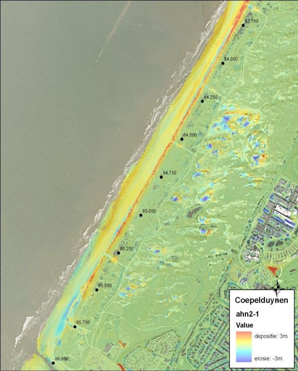 noordelijk deel, is de 3-meter hoogtecontour zeewaarts verschoven over de periode 1998-2009 (Arens 2010). N Figuur 3.10. Weergave van locaties met erosie en depositie van zand in de Coepelduynen.