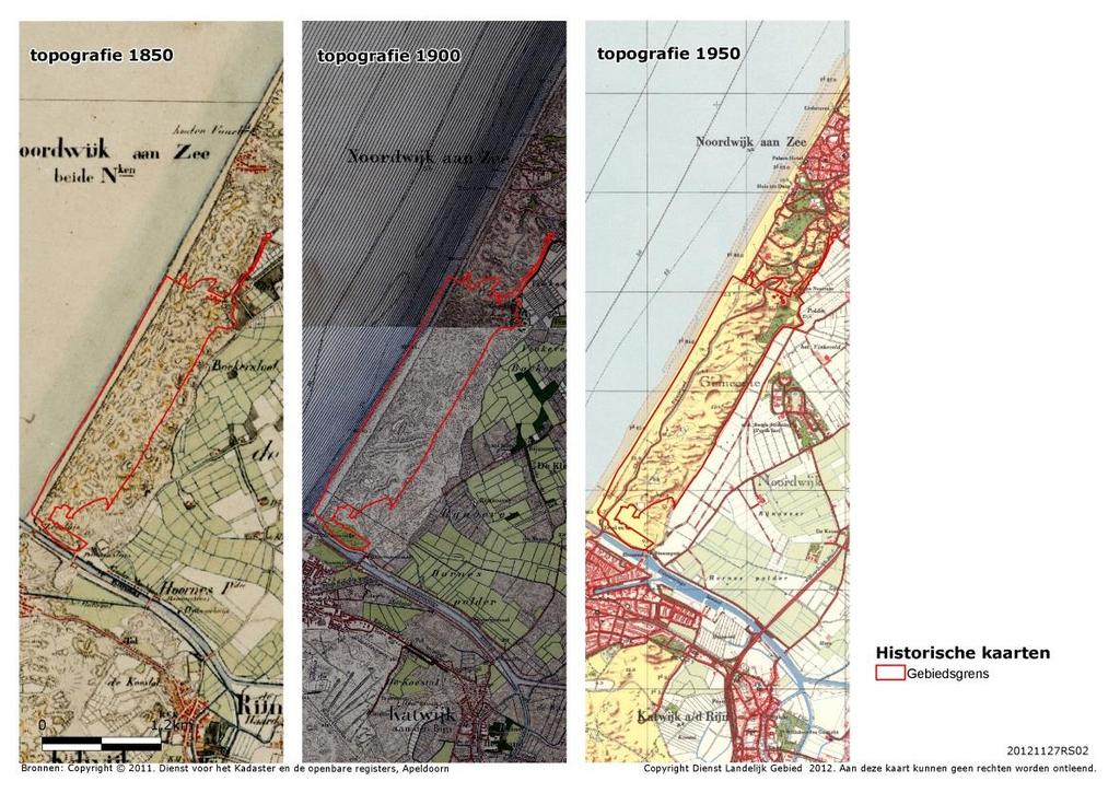 Figuur 3.18. Reeks van historische kaarten van de Coepelduynen. Goed te onderscheiden is bijvoorbeeld het bosperceel in de noordoosthoek, welke op de luchtfoto uit 2011 (zie Figuur 3.