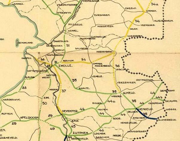 Deel van het Rijkswegenplan 1932 in de provincie Overijssel Wegenareaal na RWP1932: In de jaren twintig voelde men vanwege het toenemende verkeersaanbod de behoefte tot uitbreiding en modernisering